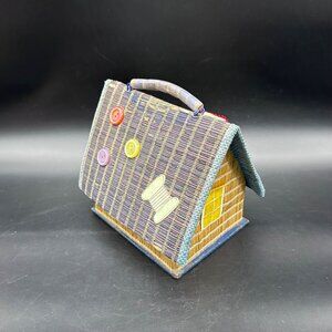 Vintage House Shaped Sewing Basket Figurine Bamboo Kitschy Mid Century 50s READ
